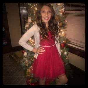 Red 👗 Dress with Silver Cardigan